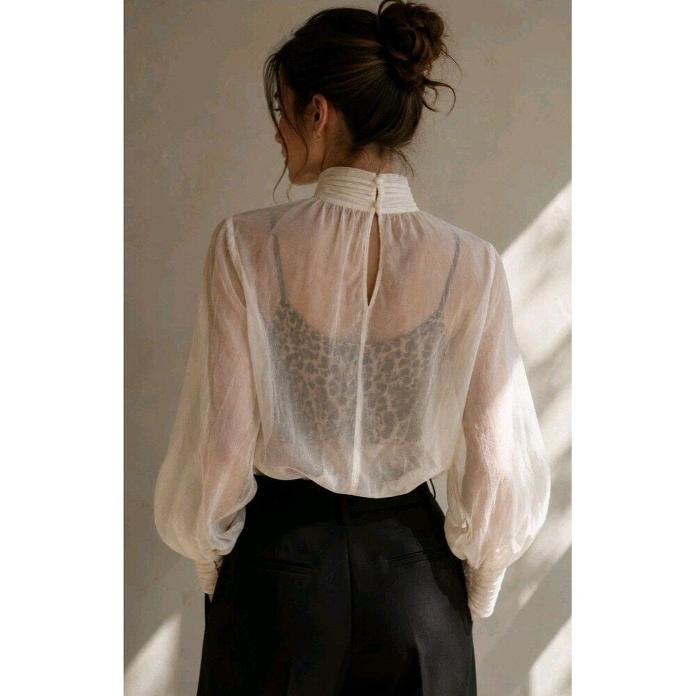H&M Conscious Ivory Sheer Tencel Lyocell Pleated High Neck Blouse XS NWT